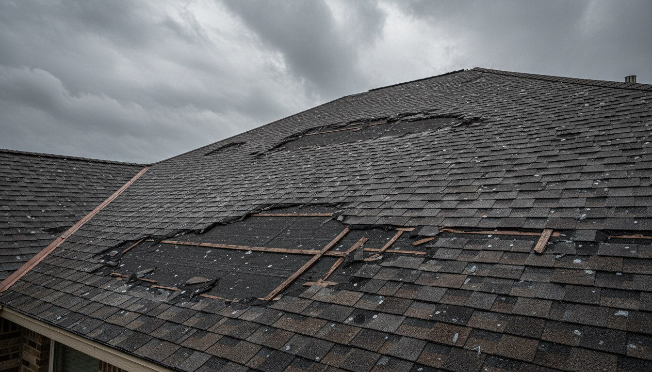 Storm damaged roof requiring repair