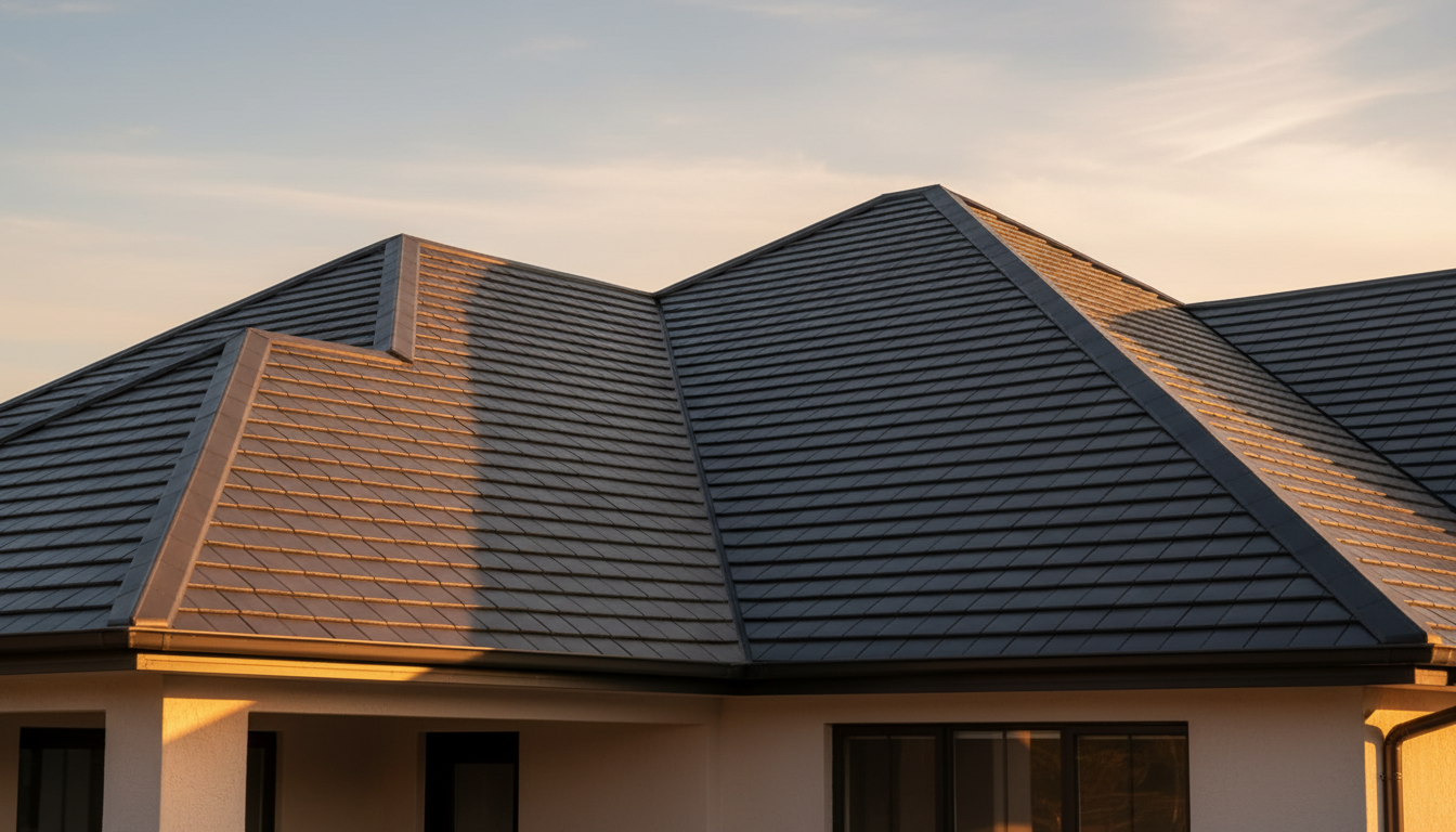 Beautifully repaired roof with golden hour lighting